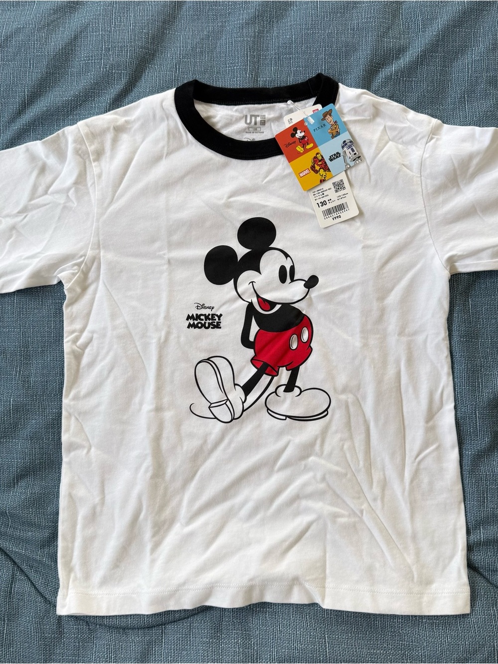 NWT Uniqlo Japan Kids Disney White Tee with Black Trim and Red Mickey Graphic